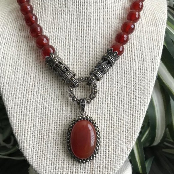 Art Deco Inspired Carnelian Beads & Pendant Necklace - Picture 9 of 16